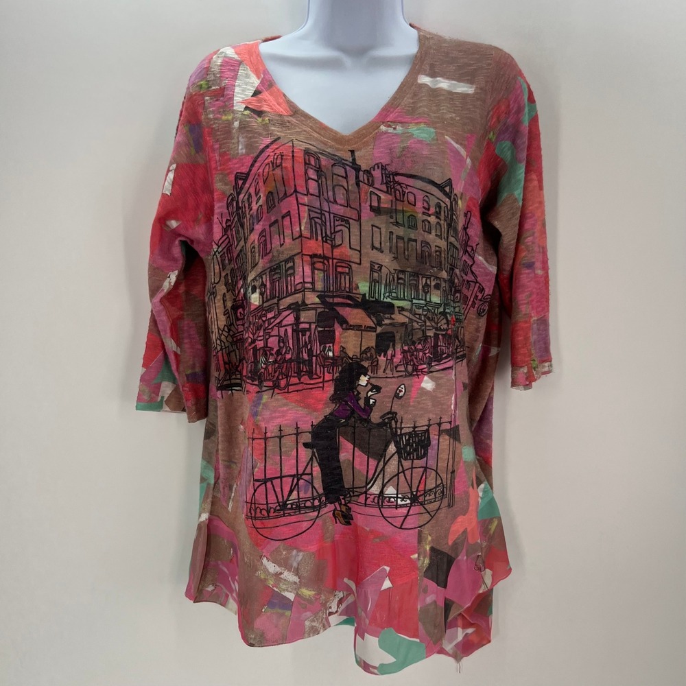 Inoah Womens M V-Neck Graphic Print Tunic Top Pink Brown Paris Bike USA Made
